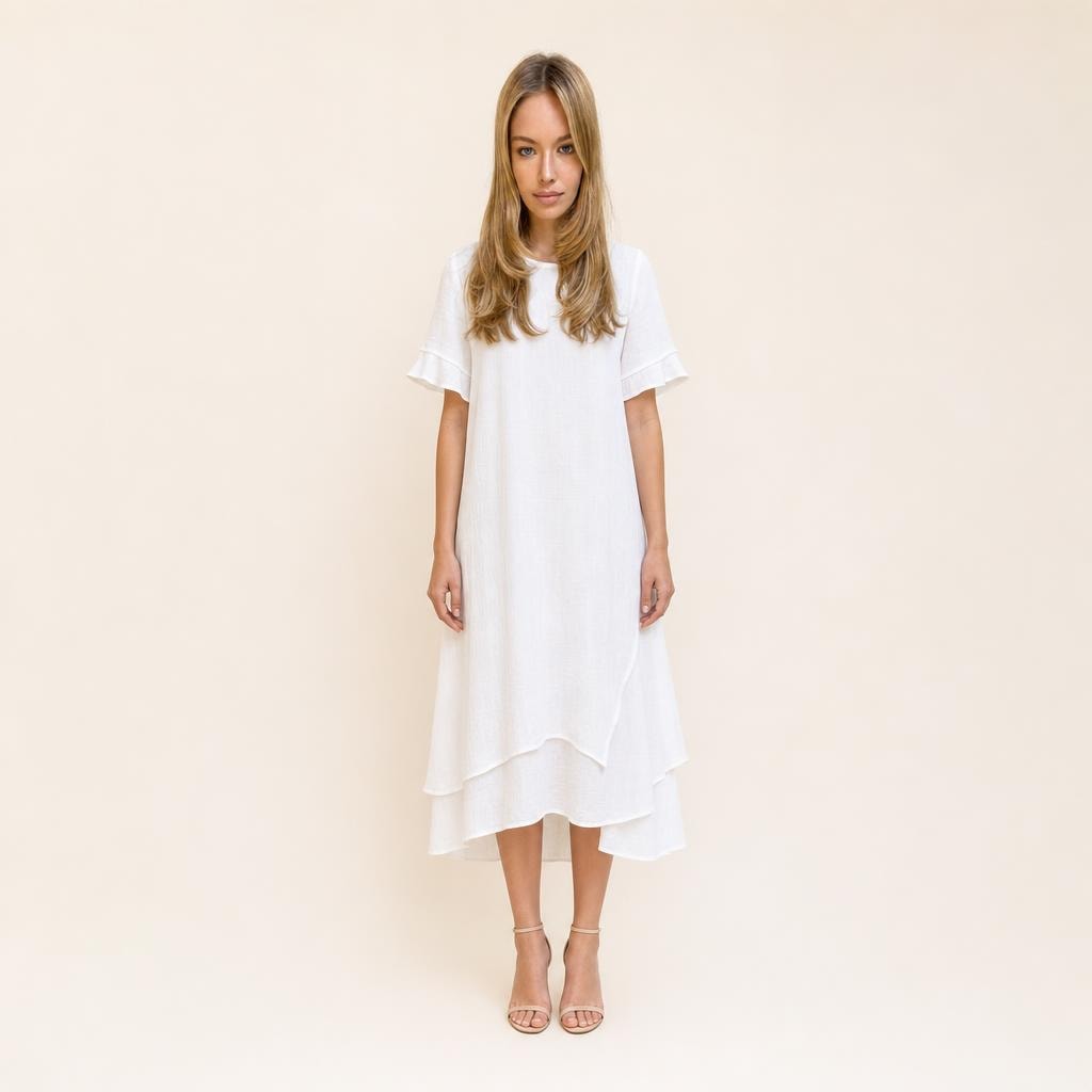Women's Double Layer Short Sleeve Dress in White, front view