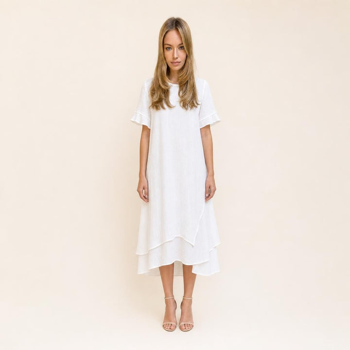 Women's Double Layer Short Sleeve Dress in White, front view