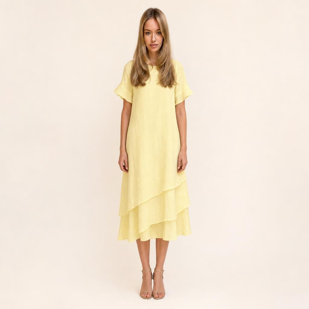 Women's Double Layer Short Sleeve Dress in Yellow, front view