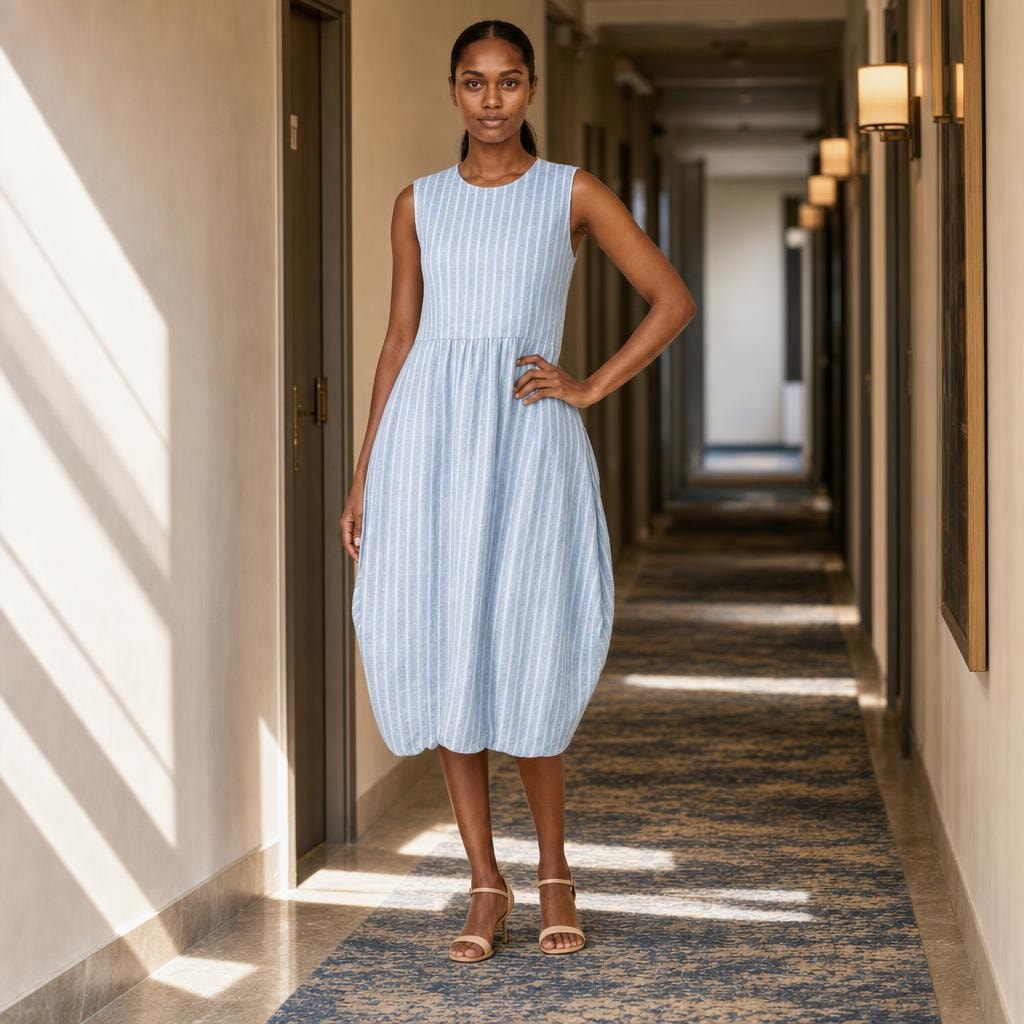 Women's Knee Length Midi Dress in Blue 3, front view