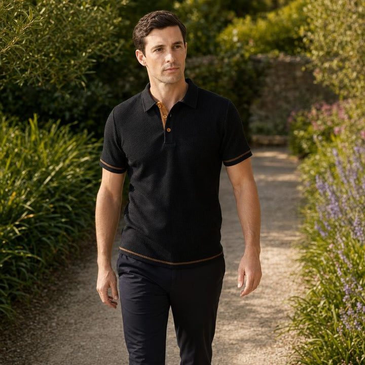 Men's Textured Polo Shirt in Black, front view