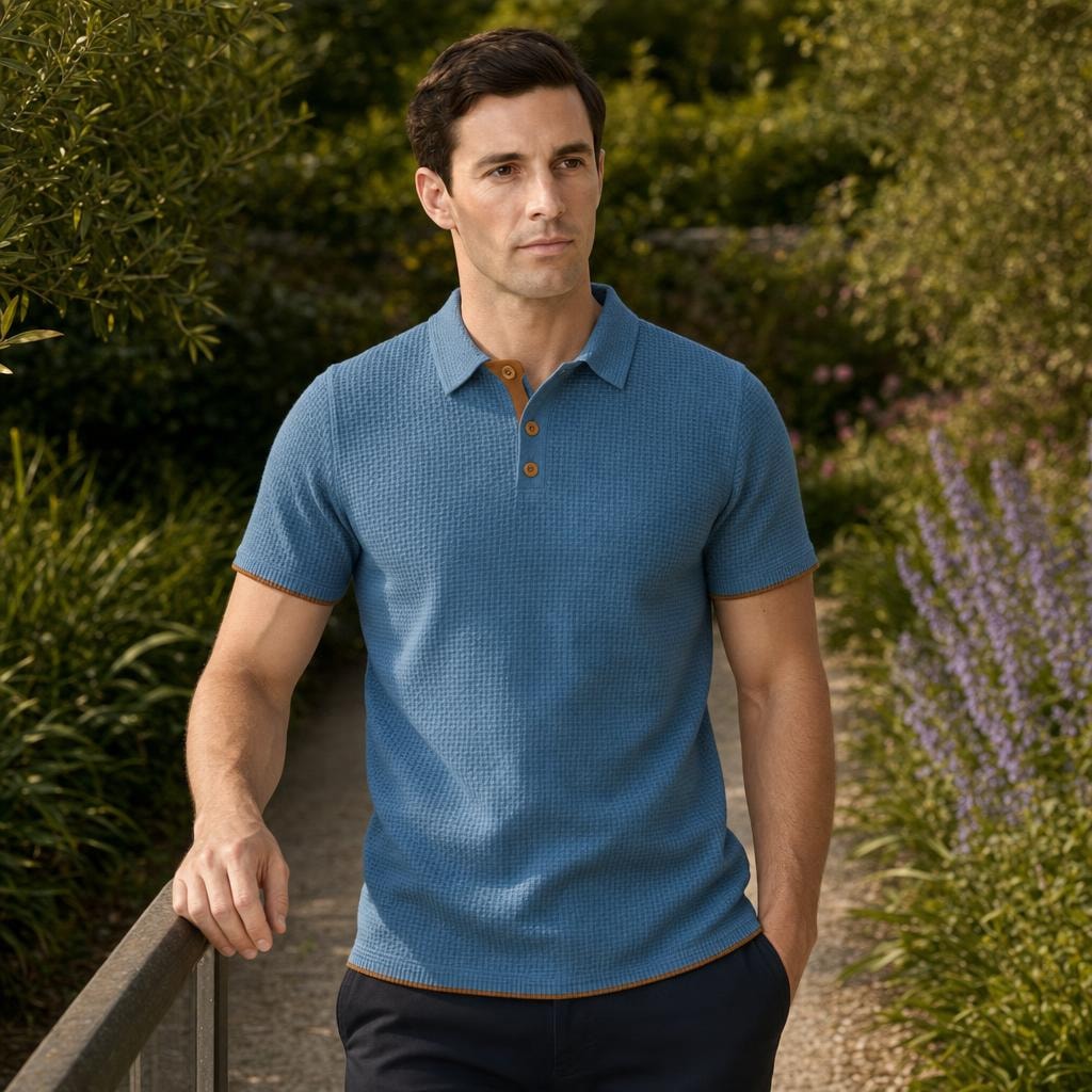 Men's Textured Polo Shirt in Blue, front view