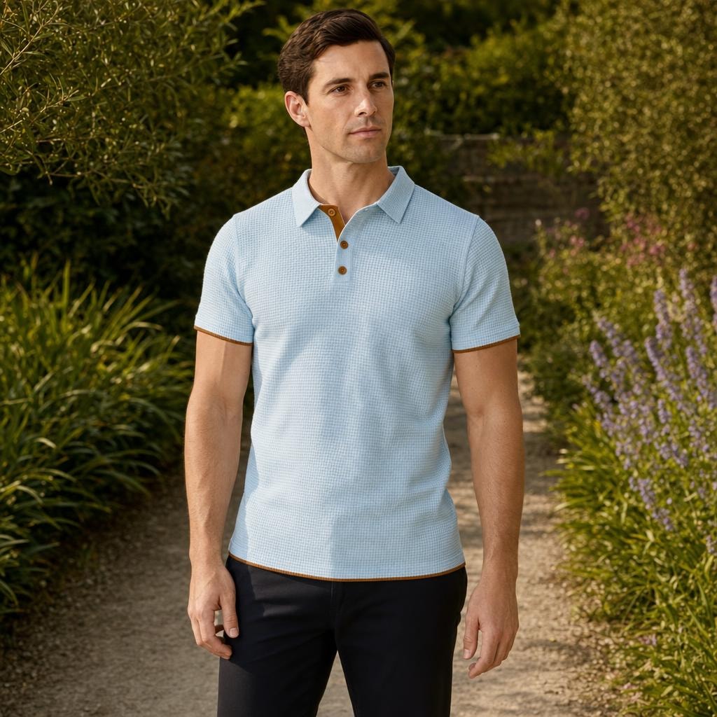 Men's Textured Polo Shirt in Light Blue, front view