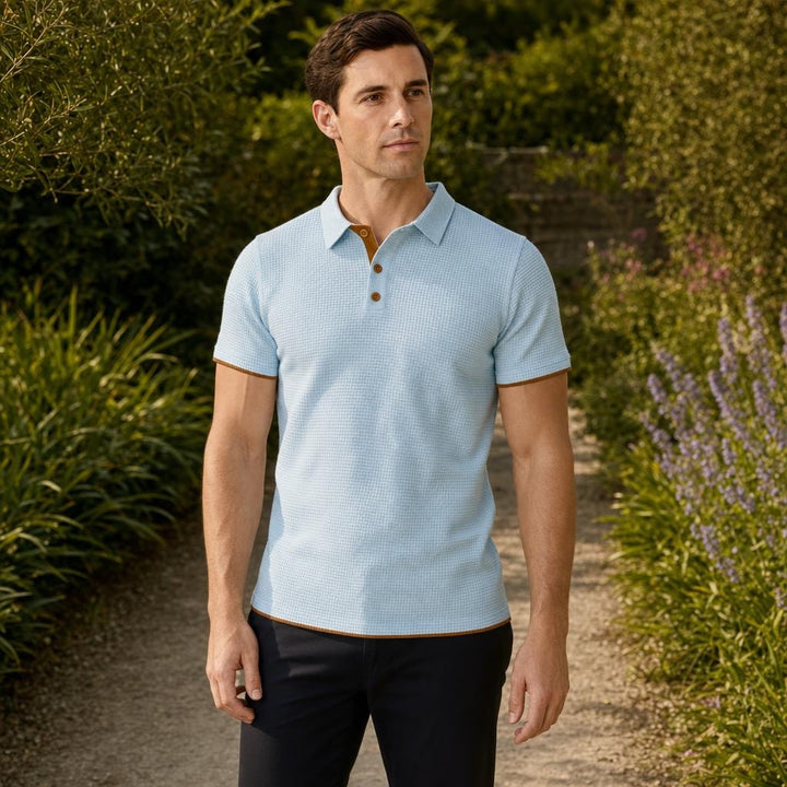 Men's Textured Polo Shirt in Light Blue, front view