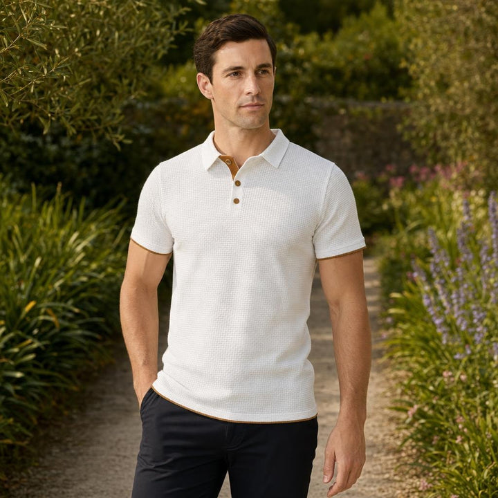 Men's Textured Polo Shirt in White, front view