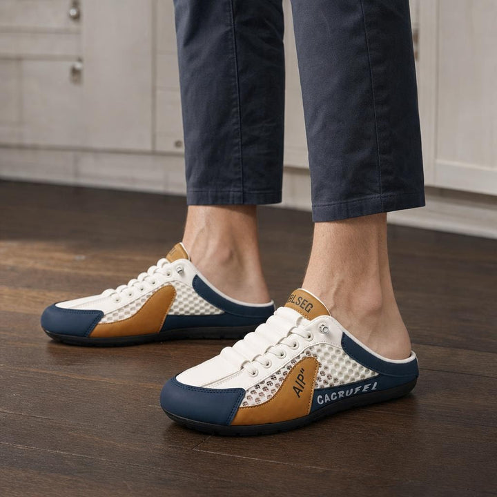 Men's Mesh Slip On Sneakers in Beige, front view