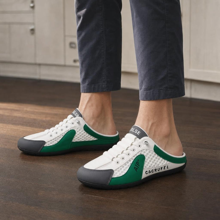 Men's Mesh Slip On Sneakers in White Green, front view