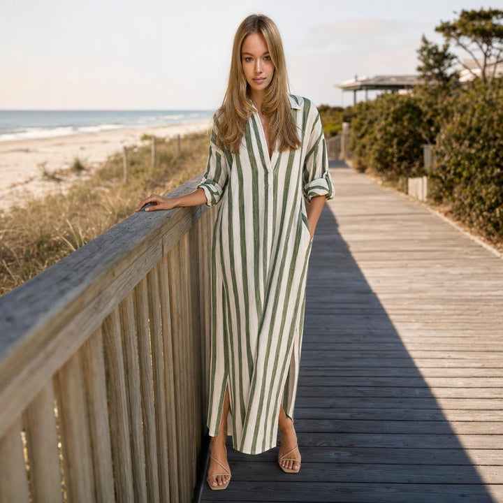 Women's Striped Maxi Shirt Dress in Green, front view