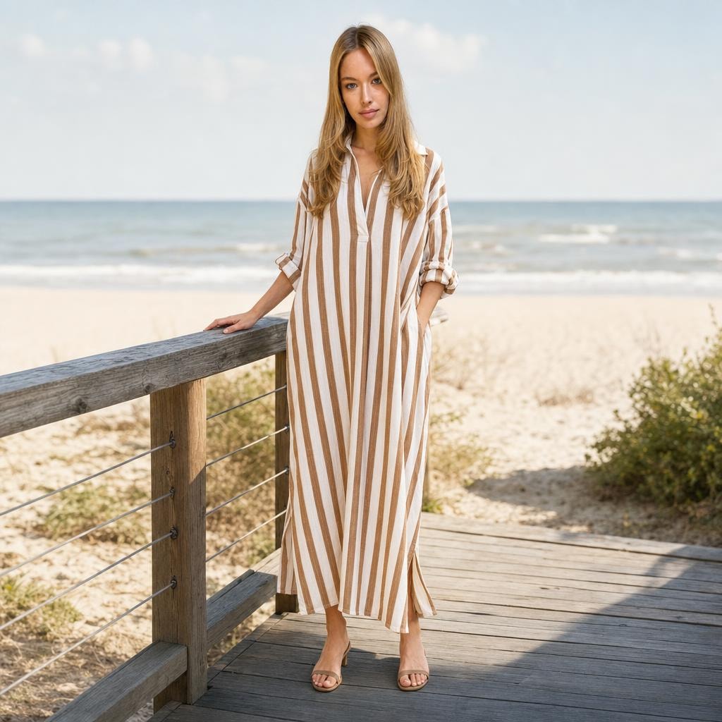Women's Striped Maxi Shirt Dress in Light Brown, front view