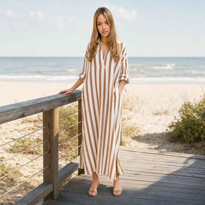 Women's Striped Maxi Shirt Dress in Light Brown, front view