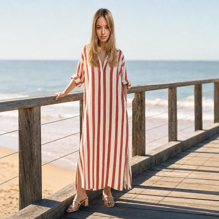 Women's Striped Maxi Shirt Dress in Red, front view