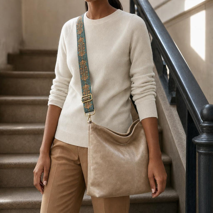 Women's Woven Strap Shoulder Bag in Beige, front view