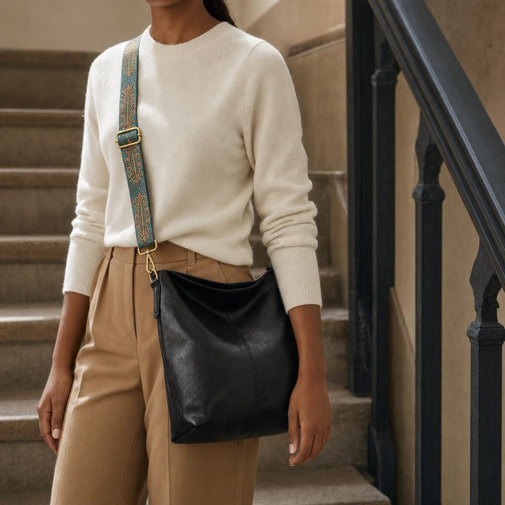 Women's Woven Strap Shoulder Bag in Black, front view
