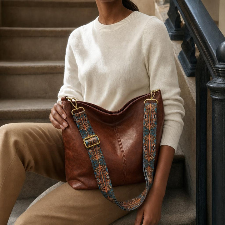 Women's Woven Strap Shoulder Bag in Brown, front view