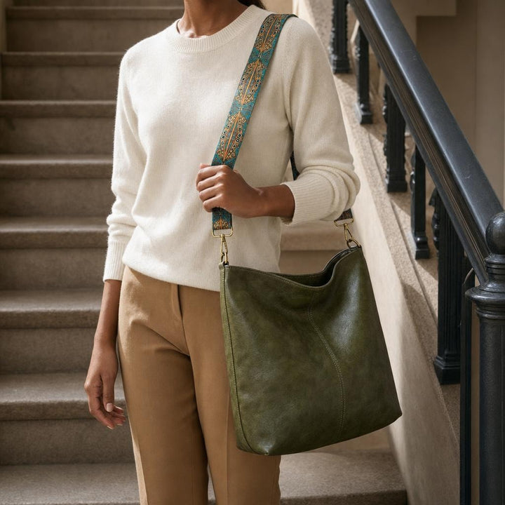 Women's Woven Strap Shoulder Bag in Green, front view
