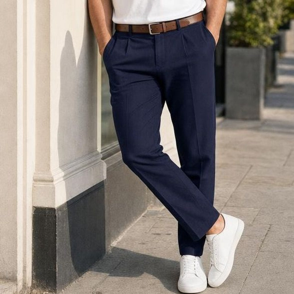 Men's Tailored Pleated Pants in Navy Blue, front view