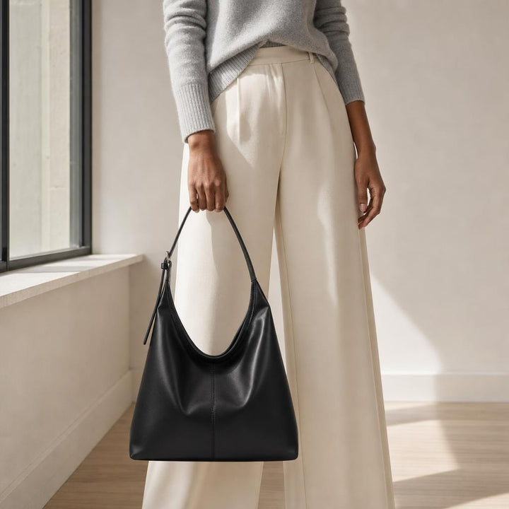 Women's Large Leather Look Tote Bag in Black, front view