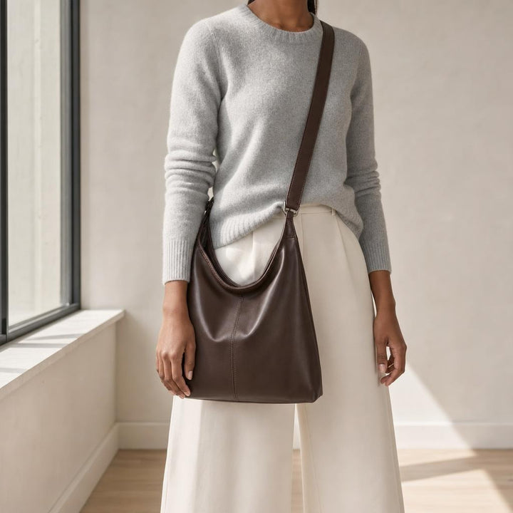 Women's Large Leather Look Tote Bag in Brown, front view