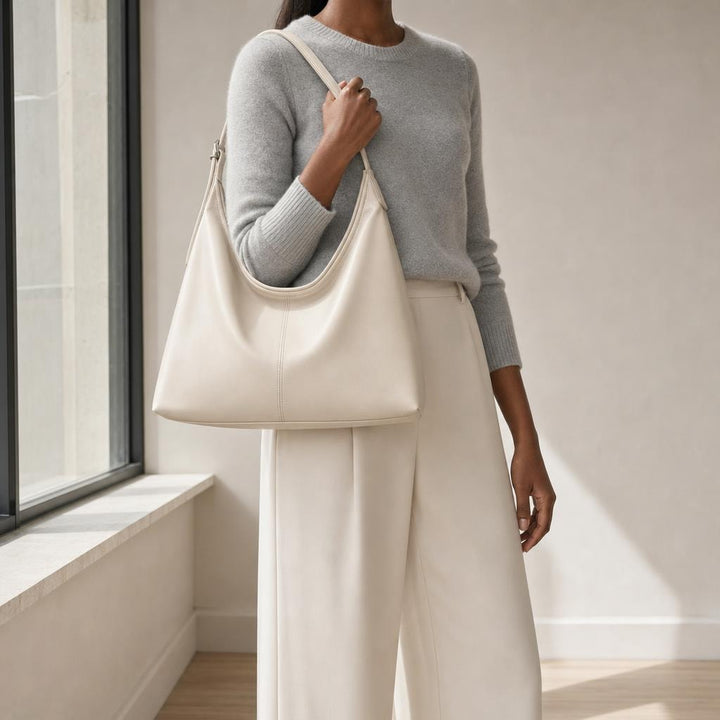 Women's Large Leather Look Tote Bag in White, front view