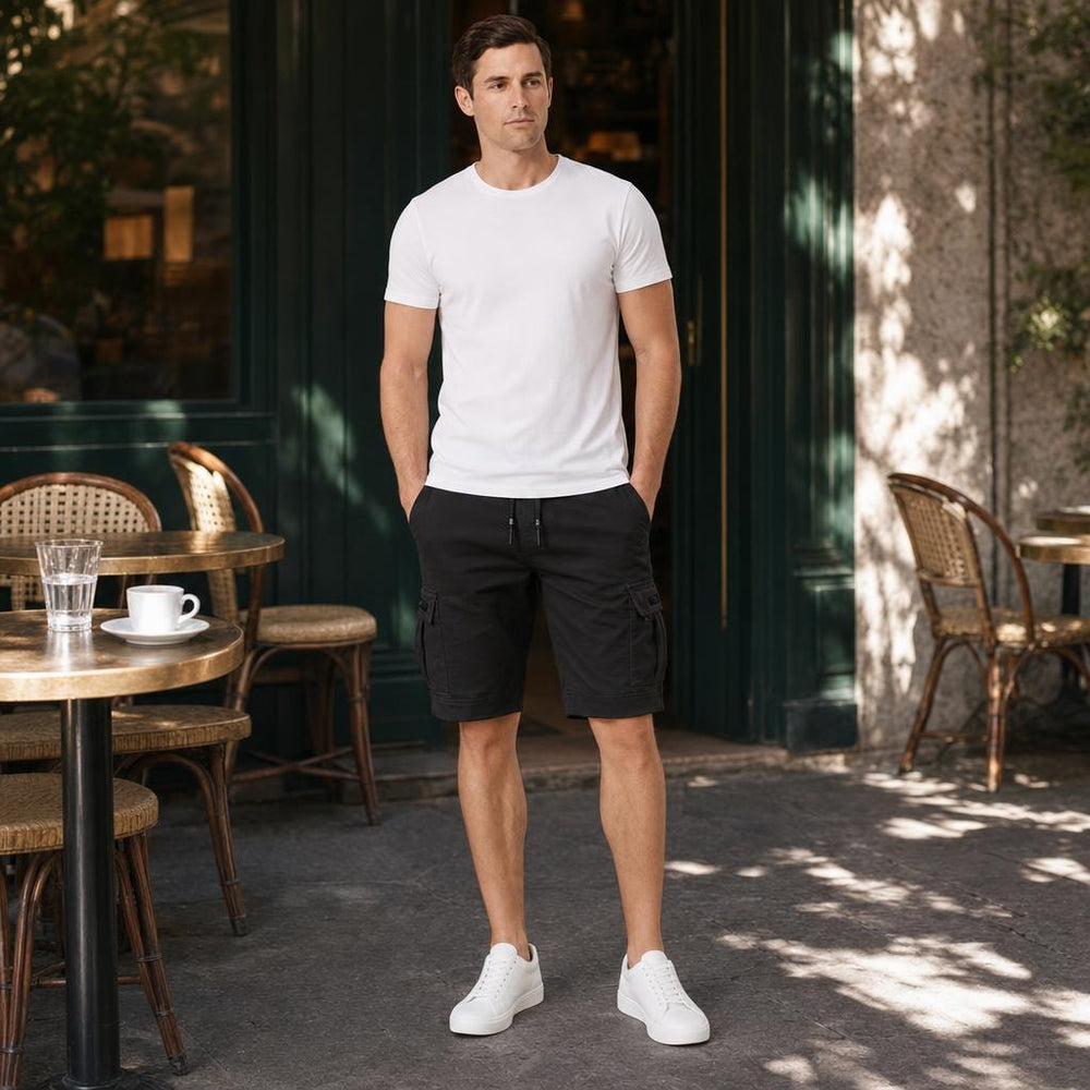 Men's Drawstring Cargo Shorts in Black, front view