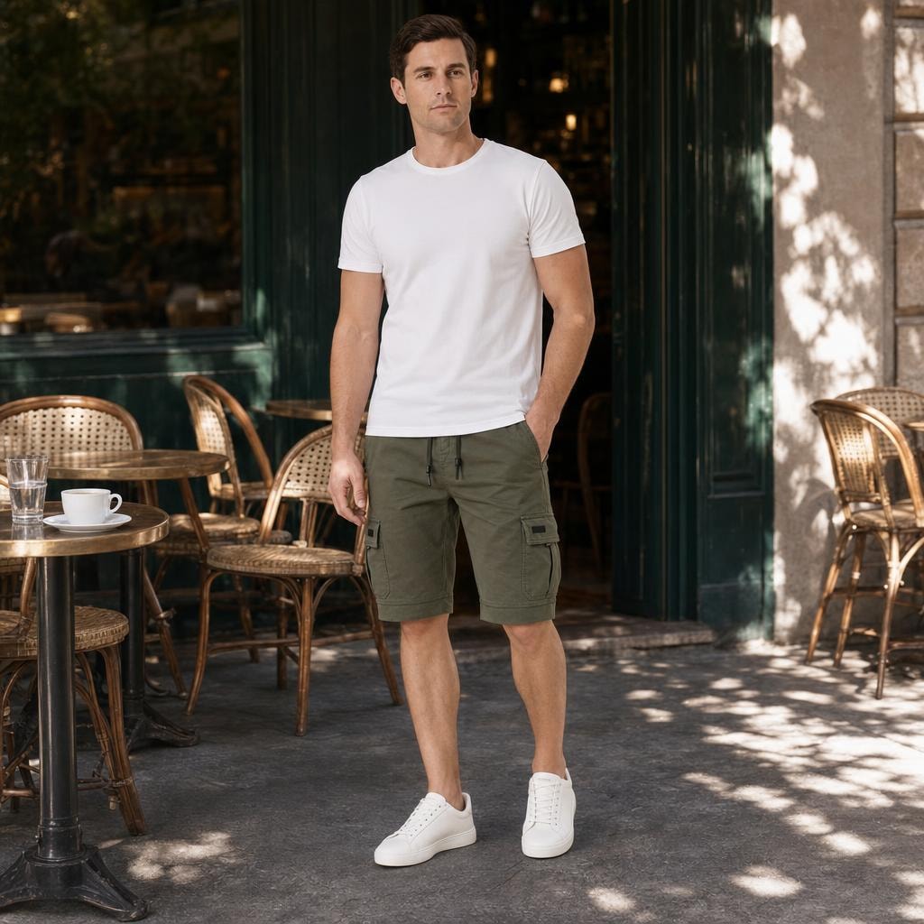 Men's Drawstring Cargo Shorts in Green, front view