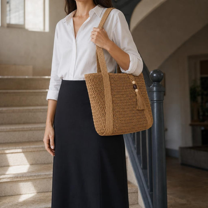 Women's Woven Straw Tote Bag in Light Natural, front view