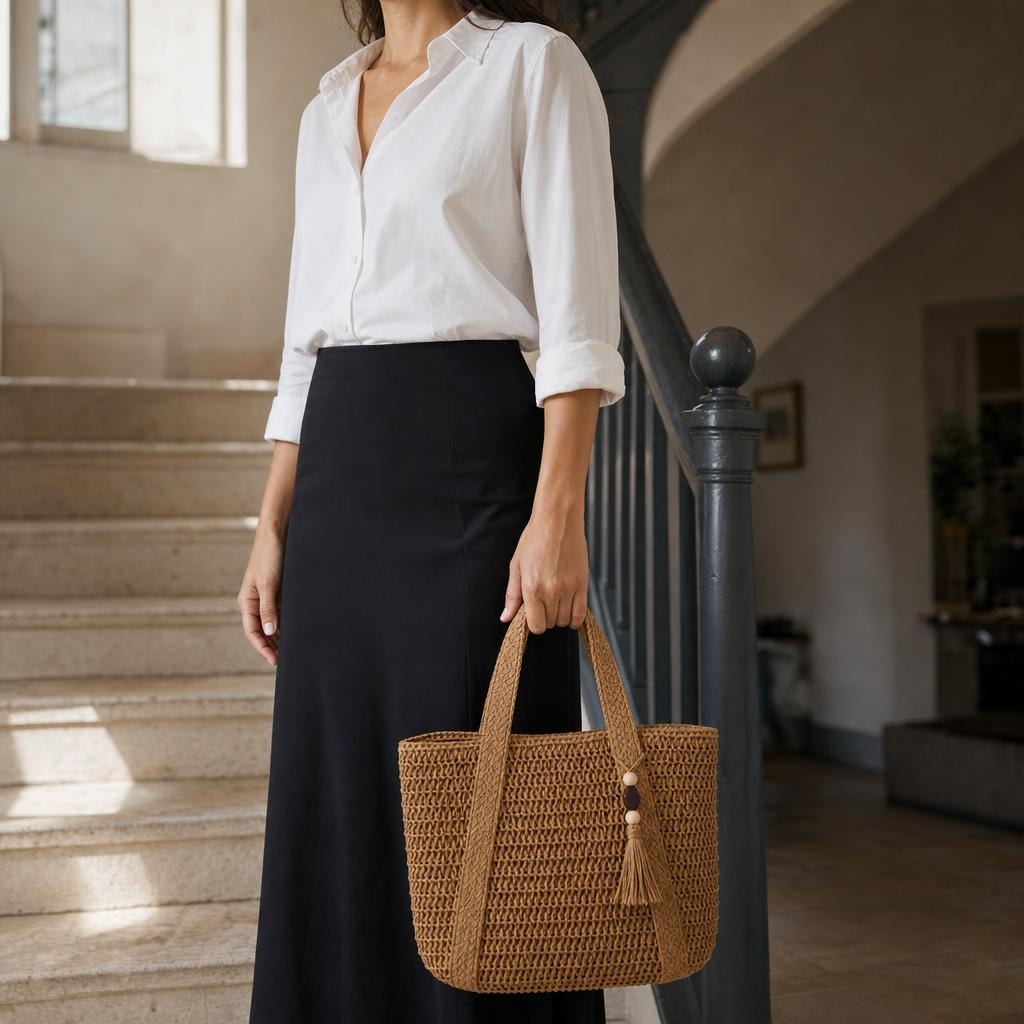 Women's Woven Straw Tote Bag in Warm Tan, front view