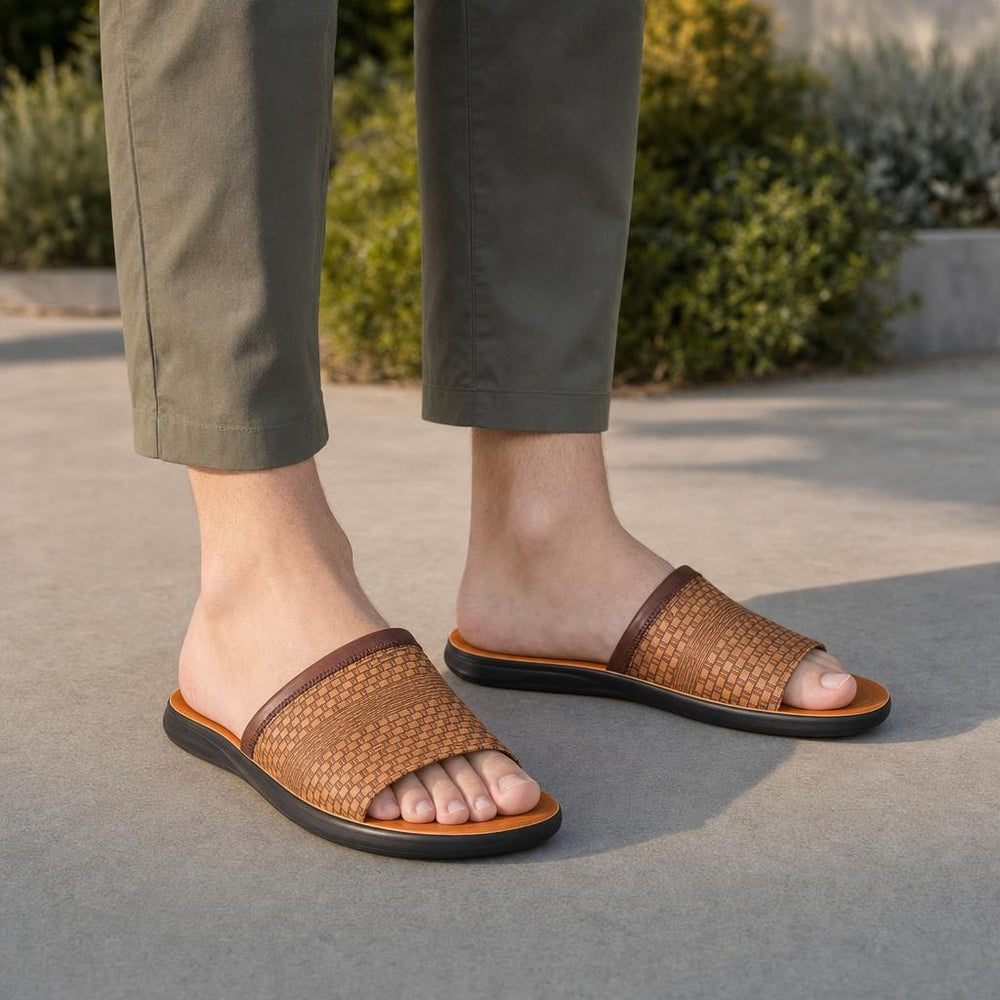 Men's Woven Slide Sandals in Brown, front view