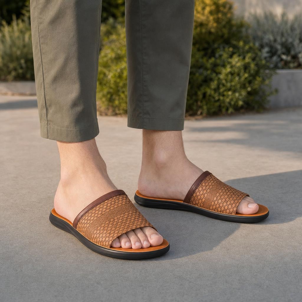 Men's Woven Slide Sandals in Brown, front view