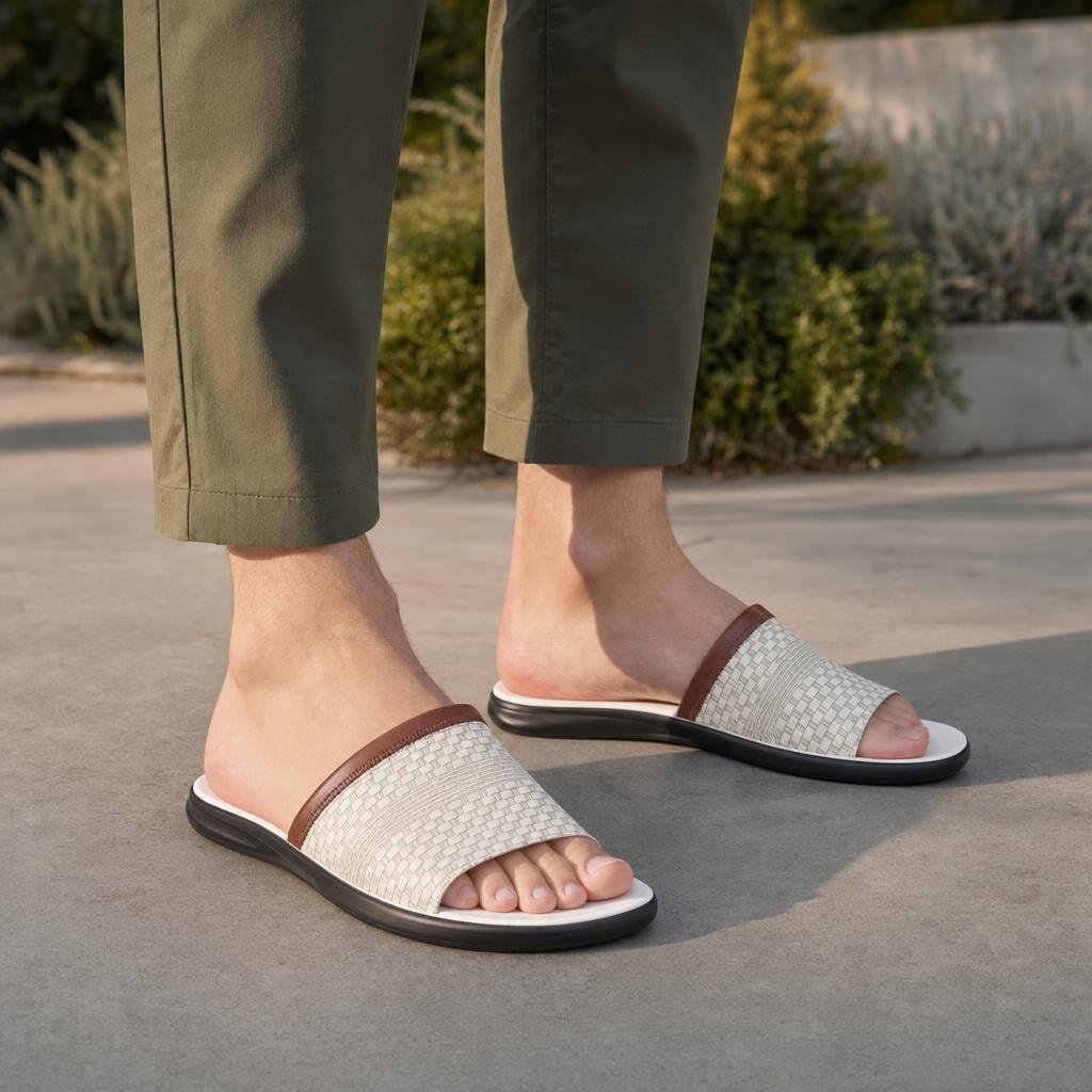 Men's Woven Slide Sandals in White, front view