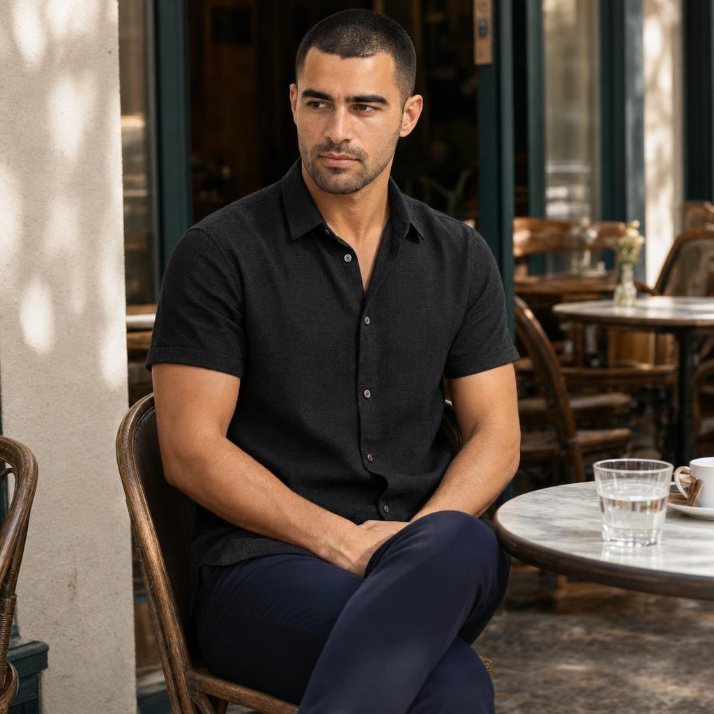 Men's Collared Button Shirt in Black, front view