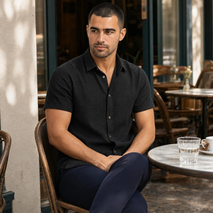 Men's Collared Button Shirt in Black, front view