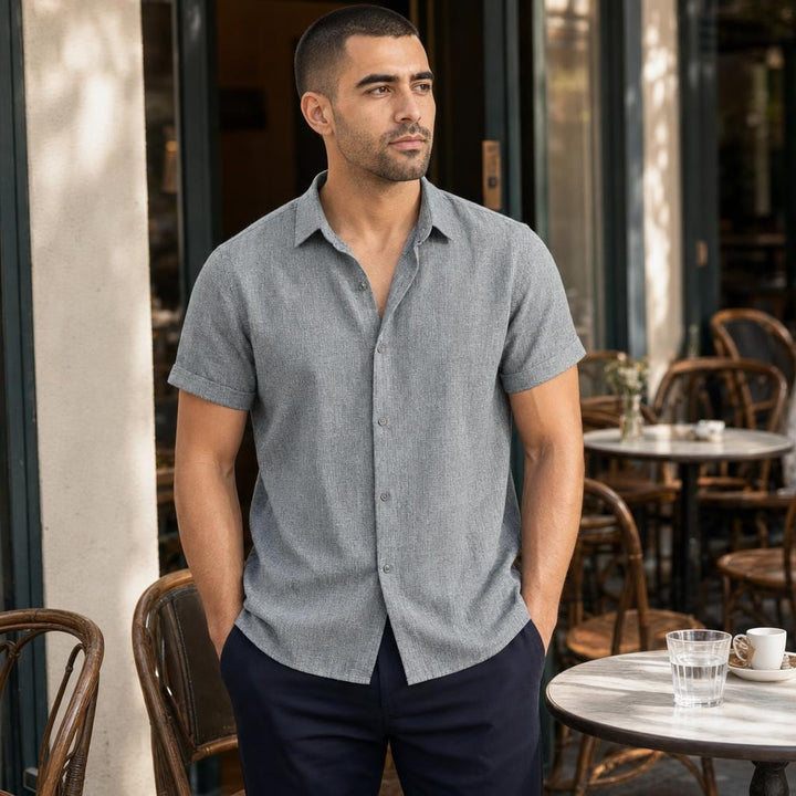 Men's Collared Button Shirt in Gray, front view