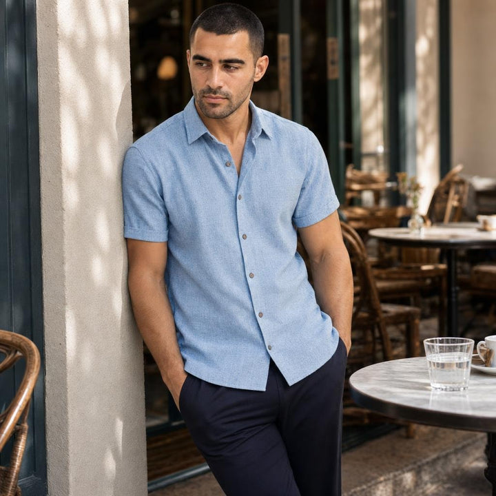 Men's Collared Button Shirt in Light Blue, front view