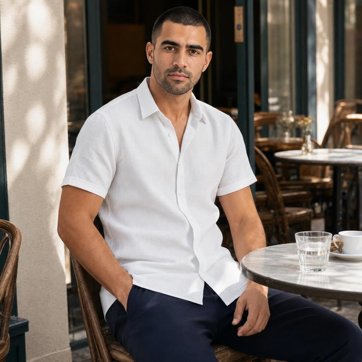Men's Collared Button Shirt in White, front view