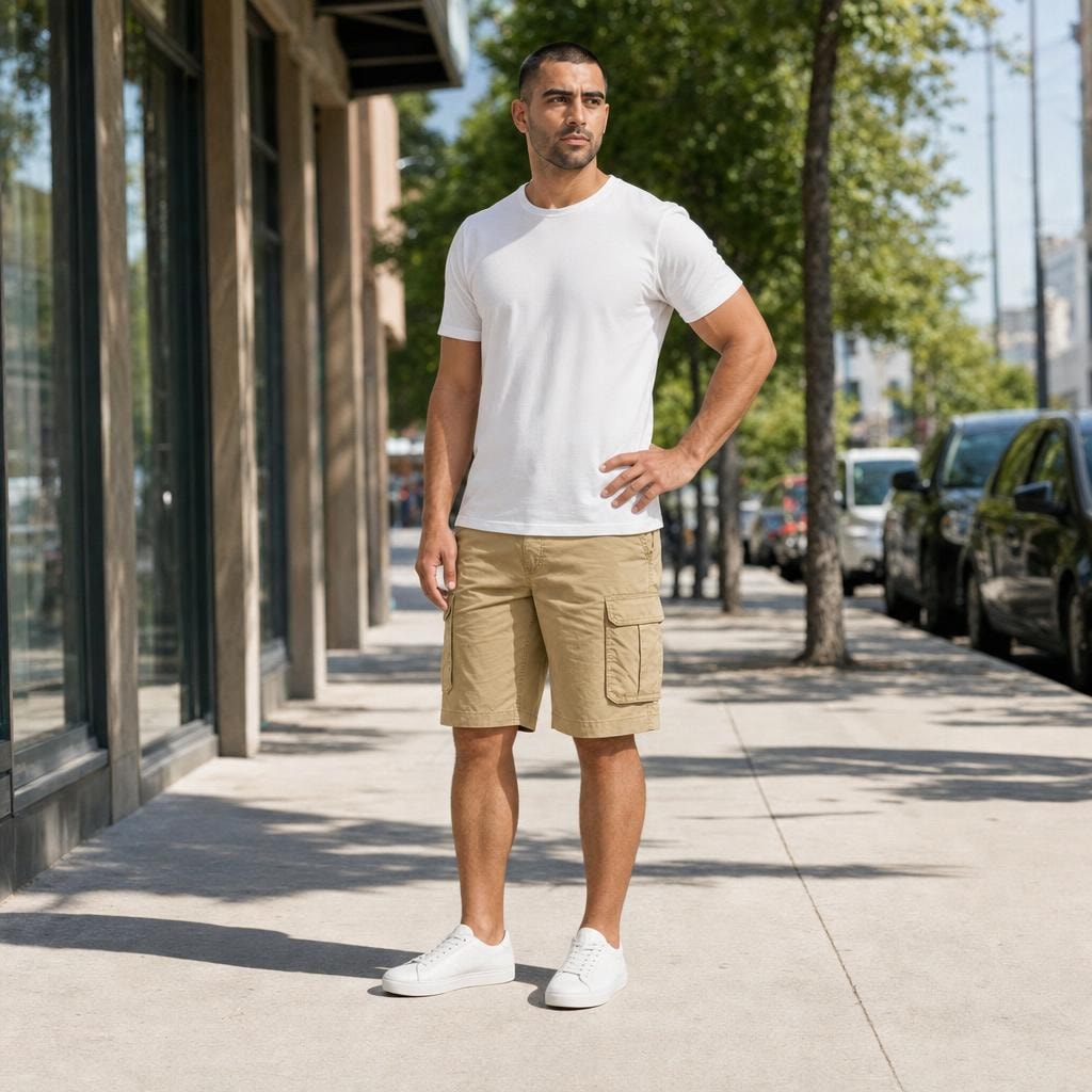 Men's Knee Length Cargo Shorts in Beige, front view