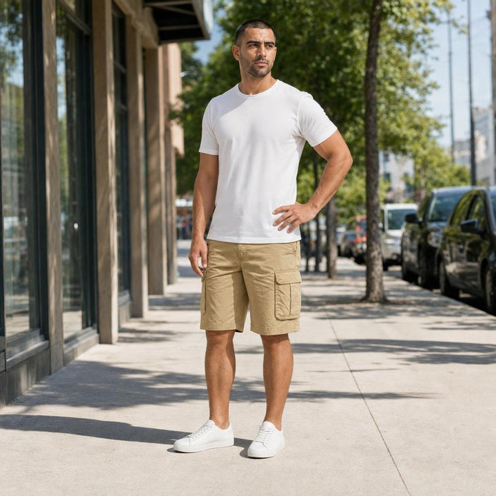 Men's Knee Length Cargo Shorts in Beige, front view