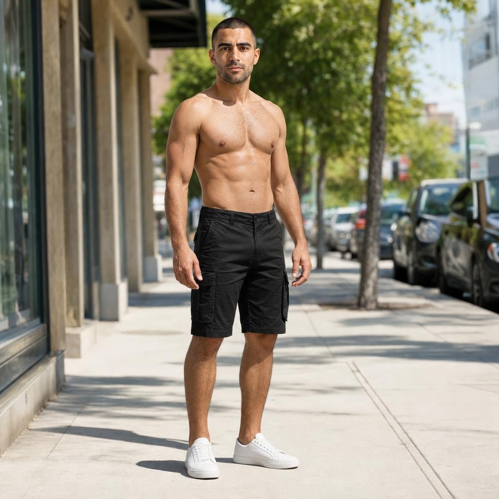 Men's Knee Length Cargo Shorts in Black, front view