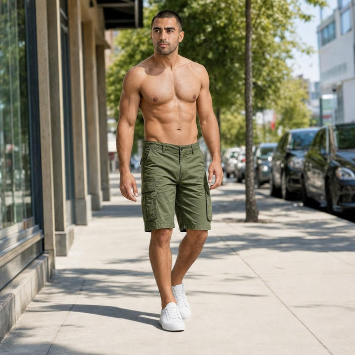 Men's Knee Length Cargo Shorts in Green, front view