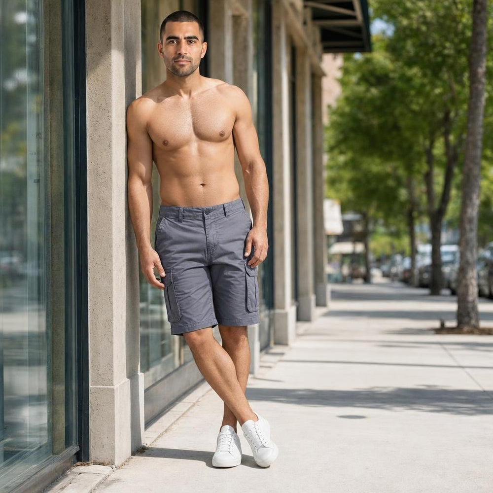 Men's Knee Length Cargo Shorts in Grey, front view