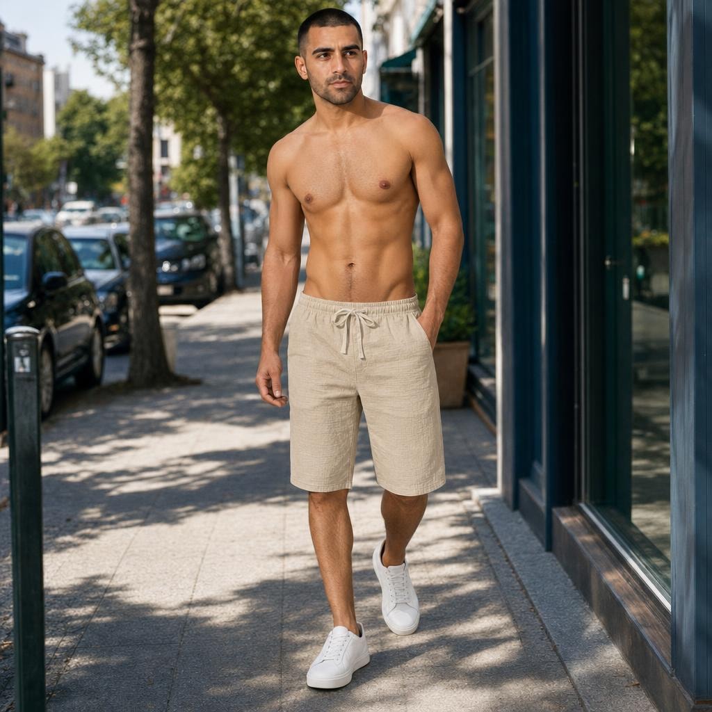 Men's Drawstring Beach Shorts in Khaki, front view