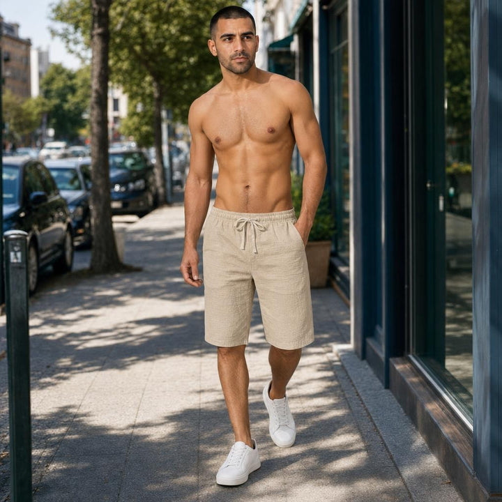 Men's Drawstring Beach Shorts in Khaki, front view