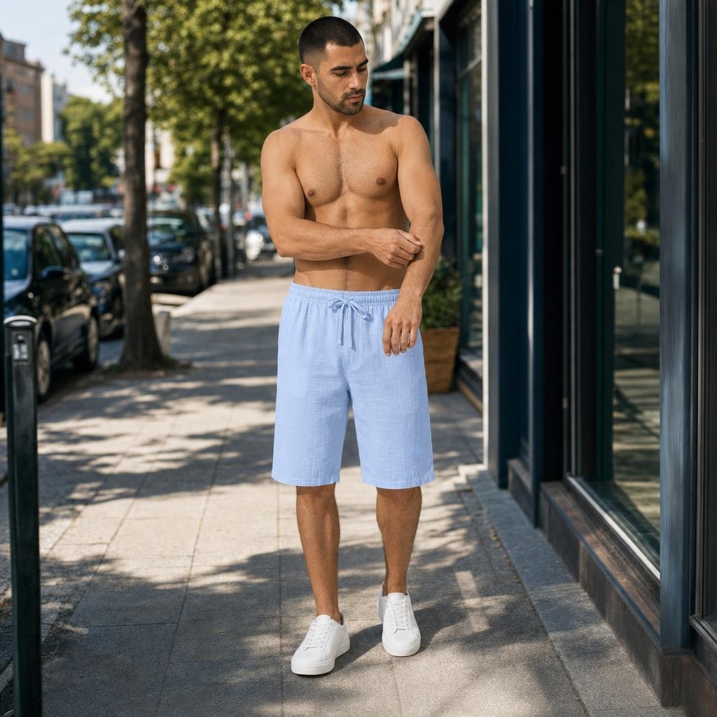 Men's Drawstring Beach Shorts in Sky Blue, front view