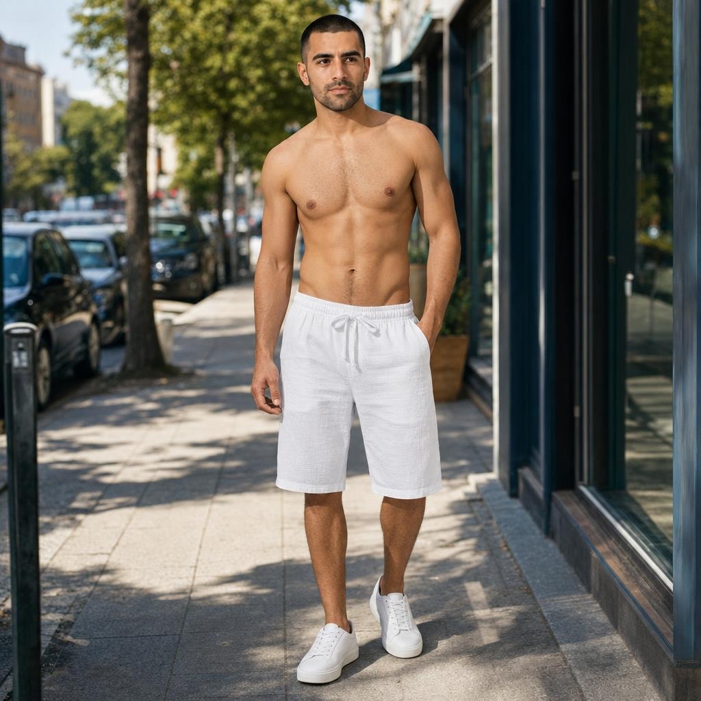 Men's Drawstring Beach Shorts in White, front view
