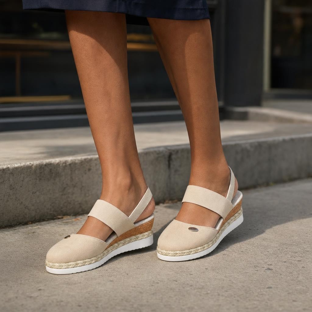Women's Wide Strap Wedge Sandals in Beige, front view