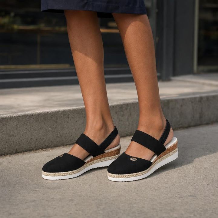 Women's Wide Strap Wedge Sandals in Black, front view