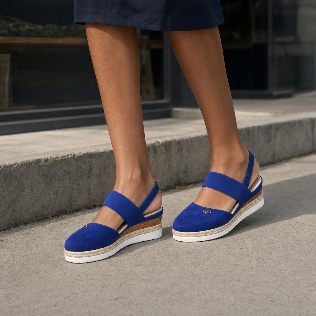 Women's Wide Strap Wedge Sandals in Blue, front view