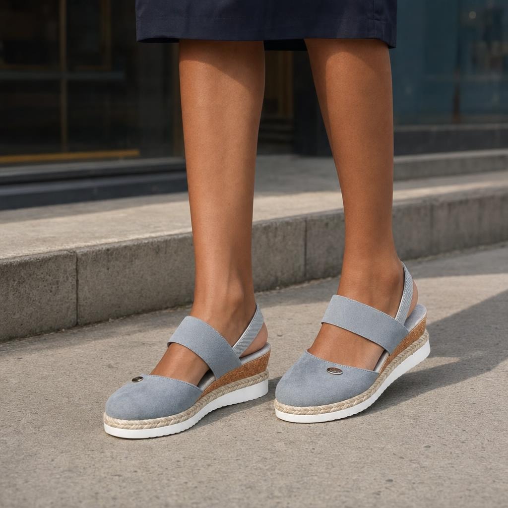 Women's Wide Strap Wedge Sandals in Grey, front view