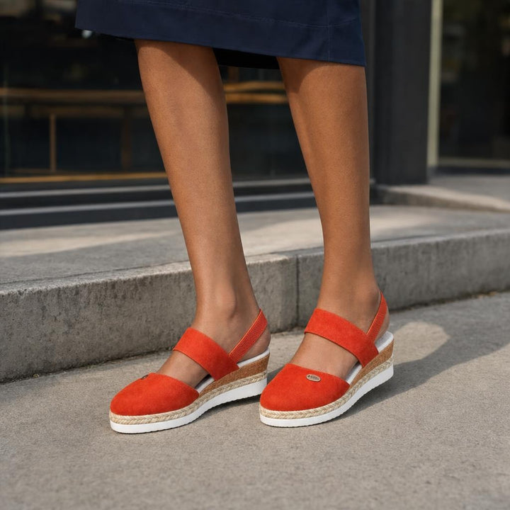 Women's Wide Strap Wedge Sandals in Orange, front view