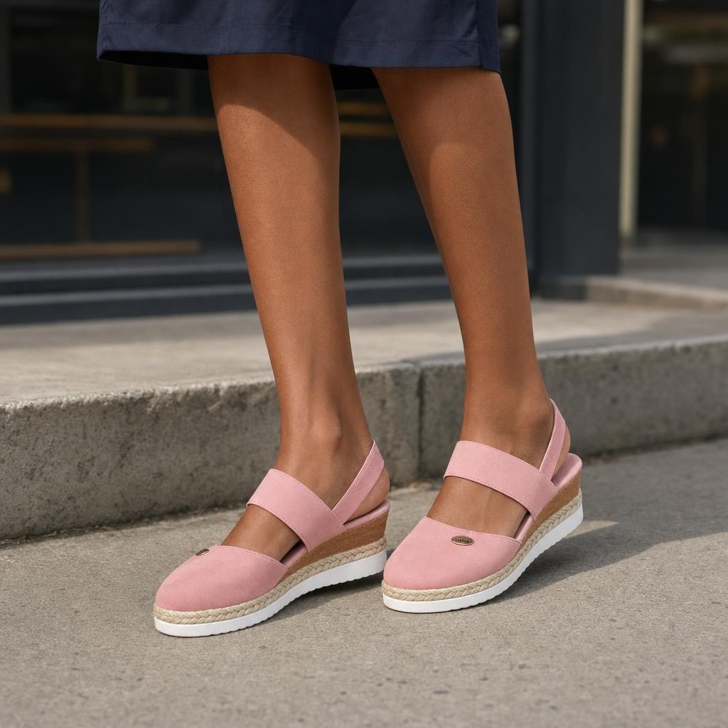 Women's Wide Strap Wedge Sandals in Pink, front view